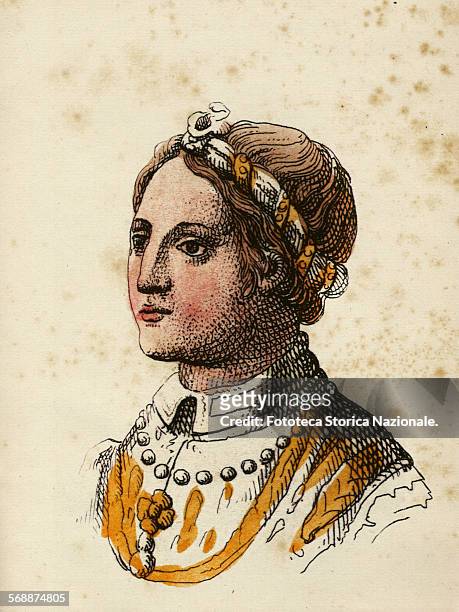 Princess of France Isabella of Valois, , first wife of Gian Galeazzo Visconti , first Duke of Milan from 1395. 19th Century colorized woodcut, Milan,...