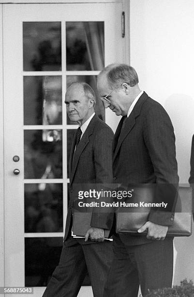 Secretary of Defense Dick Cheney and National Security Advisor Brent Scowcroft in the Rose Garden at the White House to talk about the visit of...