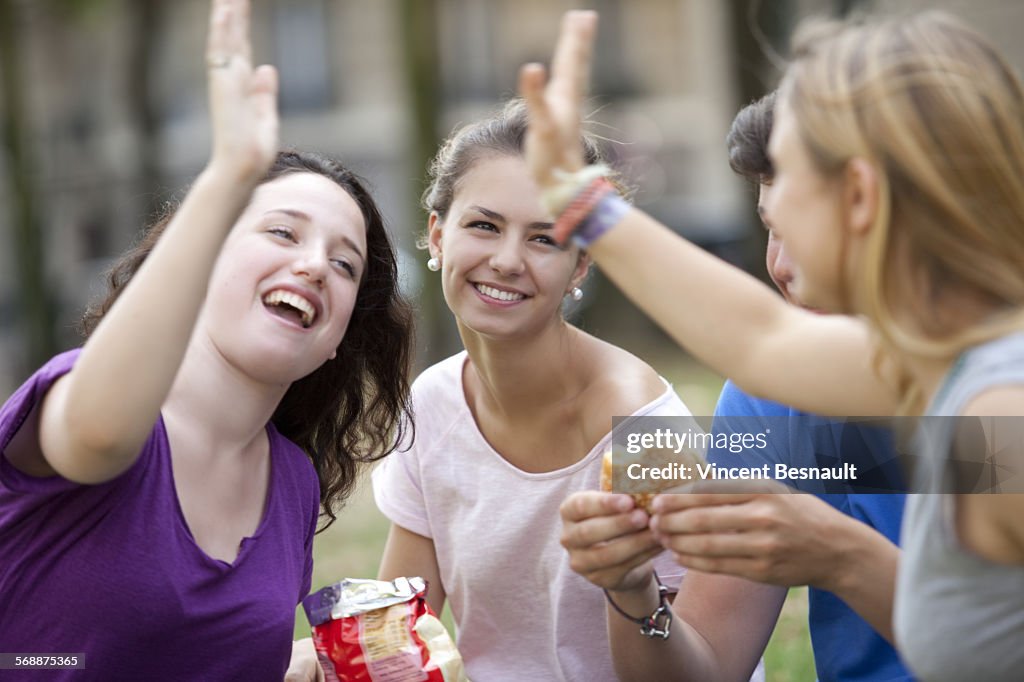 A teen group making a picnic in a park