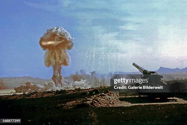 The fireball is ascending during a nuclear artillery test Grable Event - part of Operation Upshot-Knothole- a 15-kiloton test fired from a 280-mm M65...