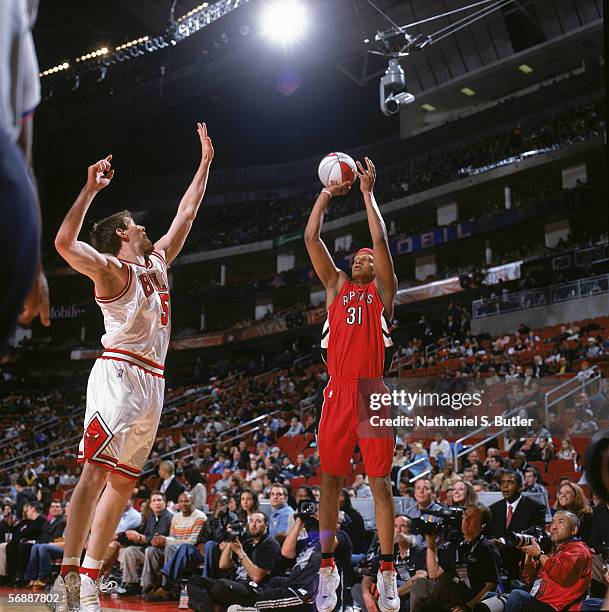 Charlie Villanueva of the Rookie Team takes a jump shot against Andres Nocioni of the Sophomore Team during the T-Mobile Rookie Challenge game at the...