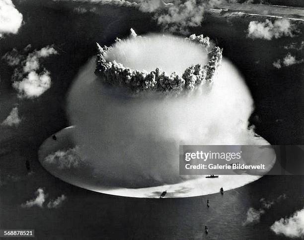 The Baker test during Operation Crossroads, a series of two nuclear weapons tests conducted by the United States at Bikini Atoll. 25th July 1946. The...