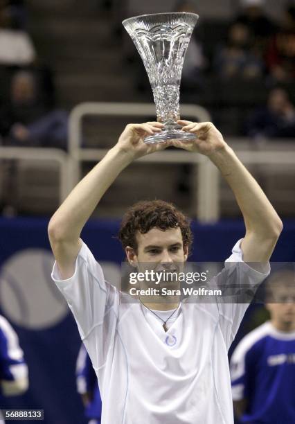 Andy Murray of Great Britain celebrates after winning his match against Lleyton Hewitt of Australia in the SAP Open at the HP Pavilion on February...