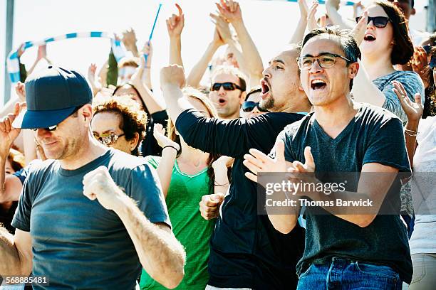 crowd of soccer fans celebrating during match - fußball fan oma stock-fotos und bilder