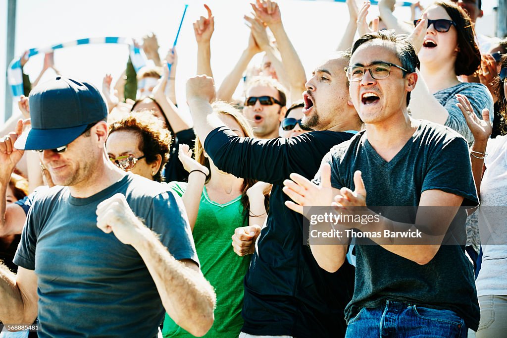 Crowd of soccer fans celebrating during match