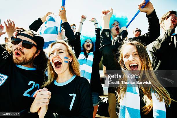 soccer fans in stadium celebrating team victory - avvenimento sportivo foto e immagini stock