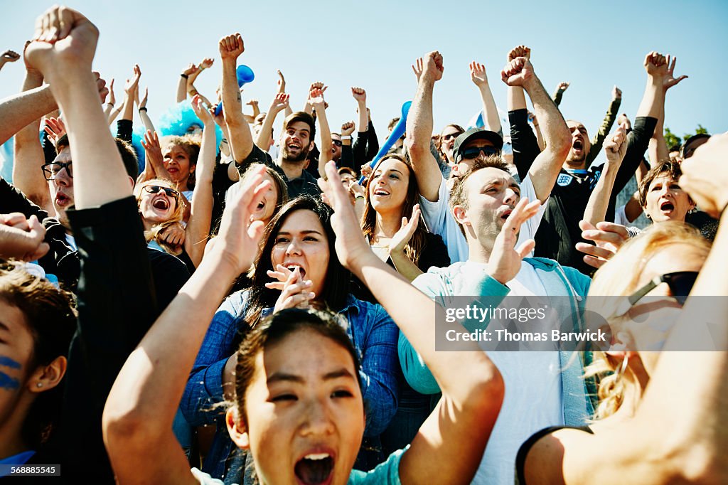 Cheering crowd of soccer fans in stadium