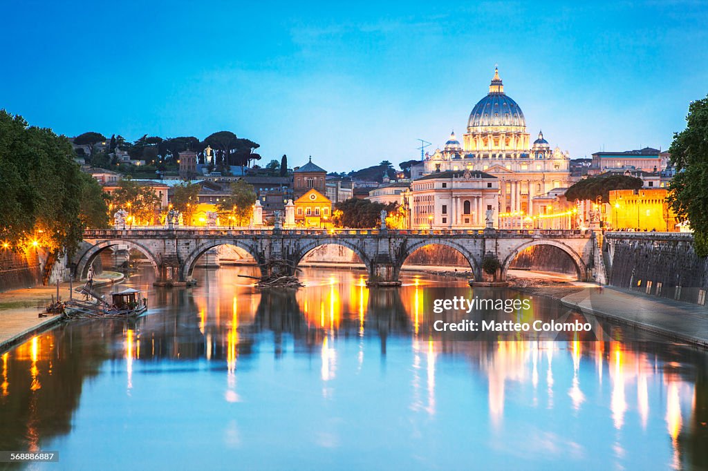 St. Peter's Basilica illuminated at dusk, Rome
