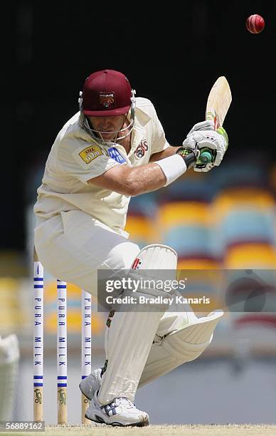 Matthew Hayden of the Bulls avoids a high ball during day two of the Pura Cup match between the Queensland Bulls and the South Australian Redbacks at...