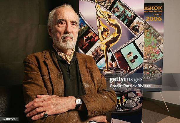 Actor Christopher Lee poses for photograph during the Bangkok International Film Festival at Siam Paragon Festival Venue on February 20, 2006 in...