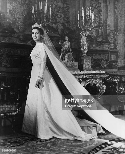 Portrait of Carmen Franco Polo, daughter of General Franco, wearing her wedding dress prior to her marriage to the Marquess de Villaverde, Madrid,...