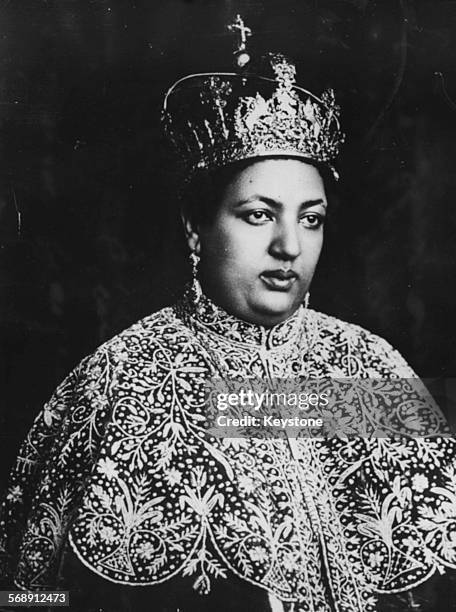Empress Menen Asfaw, Queen Consort of the Ethiopian Empire, wearing robes and a crown in Addis Abada, circa 1930.