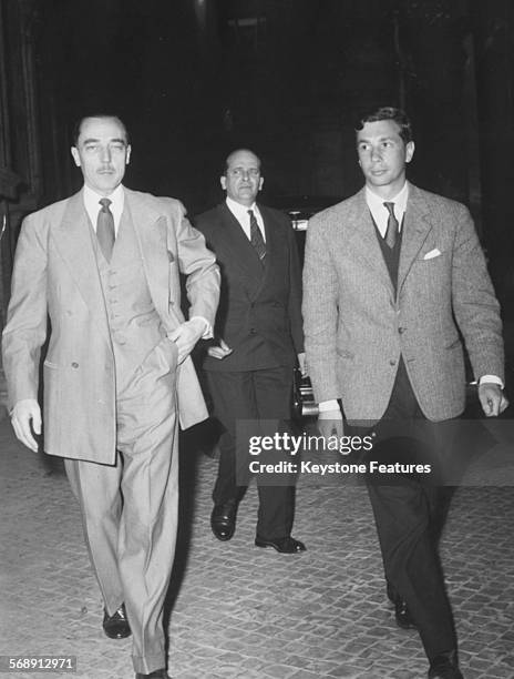 Henri d'Orleans , the Count of Paris, and Alain Vidal Maquet arriving at the Excelsior Hotel in Rome, April 1959.