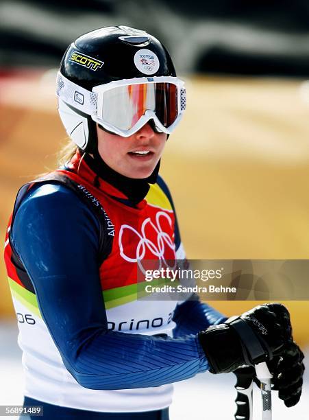 Chemmy Alcott of Great Britain completes her run in the Womens Super-G Alpine Skiing Final on Day 10 of the 2006 Turin Winter Olympic Games on...