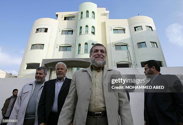 Senior members of the Isalmic Jihad movement Nafez Azam and Khaled Batsh leave a meeting with Hamas leader and MP Mahmud al-Zahar , 20 February 2006....