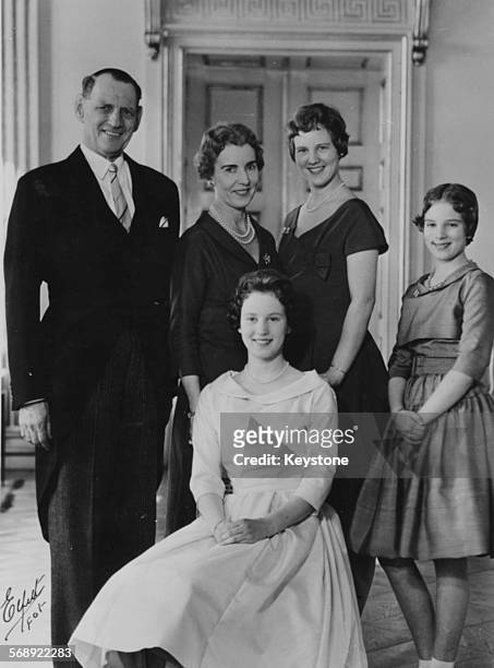 Portrait of the Danish Royal Family; King Frederick, Queen Ingrid, Princess Margrethe and Princess Anne-Marie, with Princess Benedikte, March 20th...