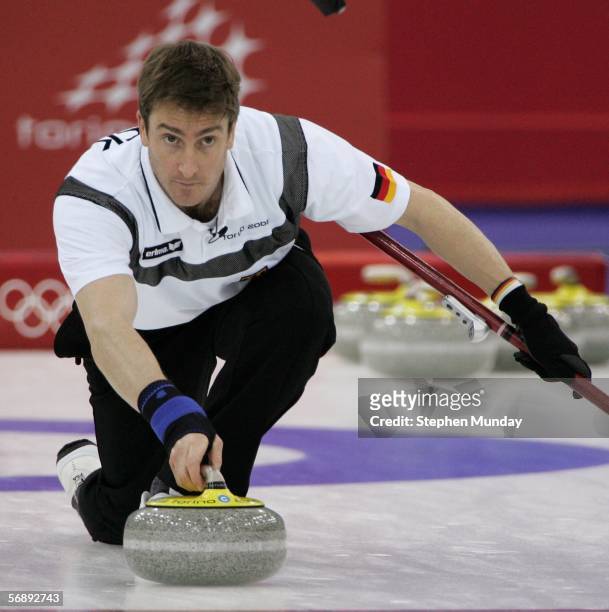 Oliver Axnick of Germany throws the stone during the preliminary round of the men's curling between New Zealand v Germany during Day 10 of the Turin...