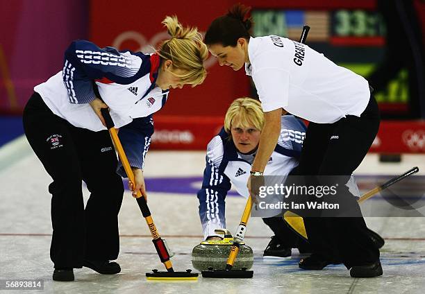 Britain's skipper Rhona Martin follows her throw during the preliminary round of the women's curling between USA v Great Britain during Day 10 of the...