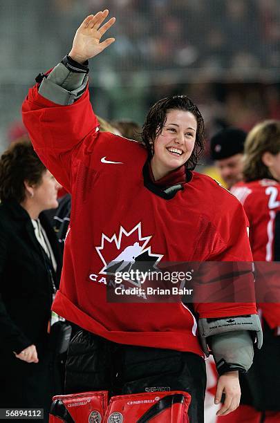 Goalie Charline Labonte of Canada celebrates their 4-1 victory over Sweden to win the gold medal in women's ice hockey during Day 10 of the Turin...