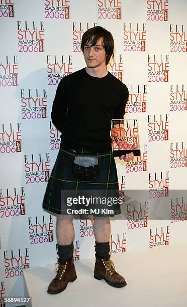 Actor James McAvoy poses backstage in the Awards Room with the Best Male TV Star Award at the ELLE Style Awards 2006, the fashion magazine's annual...