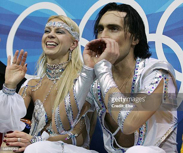 Elena Grushina and Ruslan Goncharov of Ukraine wait for the judges scores during the Free Dance program of the figure skating during Day 10 of the...