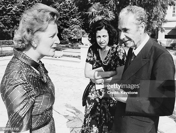 British Conservative Party leader Margaret Thatcher talking to Italian politician Aldo Moro during a visit to Rome, circa 1977.