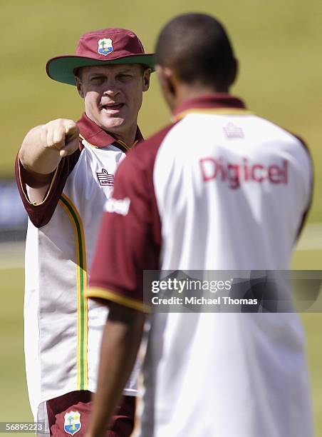 Coach Bennett King of the West Indies gives instruction to his platyers during the West Indies training session at the Queenstown Event Centre...