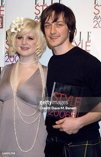 Actor James McAvoy poses backstage in the Awards Room with the Best Male TV Star Award with singer Kelly Osbourne at the ELLE Style Awards 2006, the...
