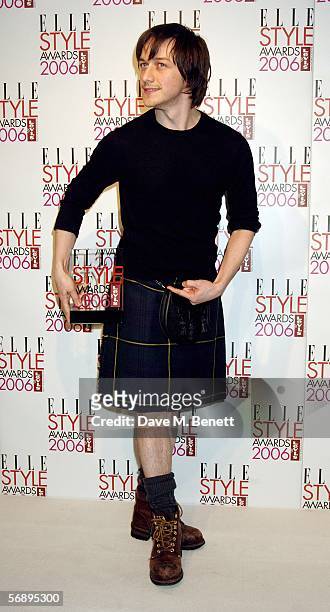 Actor James McAvoy poses backstage in the Awards Room with the Best Male TV Star Award at the ELLE Style Awards 2006, the fashion magazine's annual...