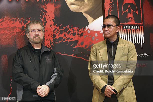 Director Tobe Hooper and director Takashi Miike pose during a photcall of the movie "Masters of Horror" at a Tokyo hotel on February 21, 2006 in...