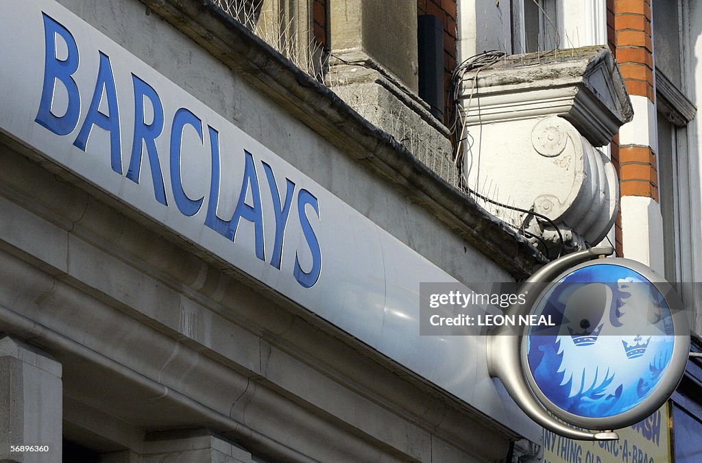 A Barclays Bank branch signboard is pict