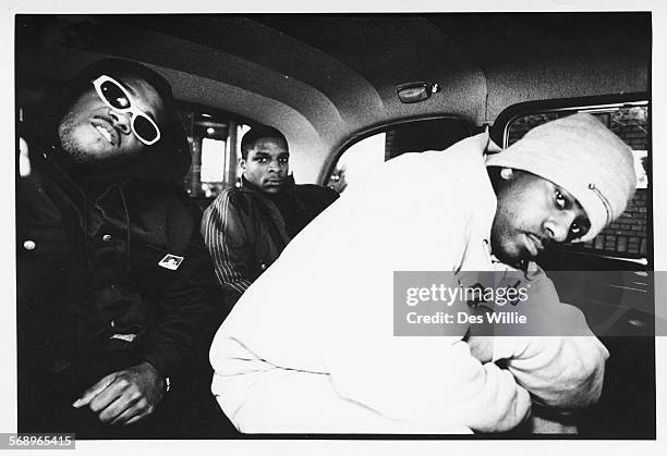 Portrait of the band 'Naughty by Nature' in the back of a car, 1992.