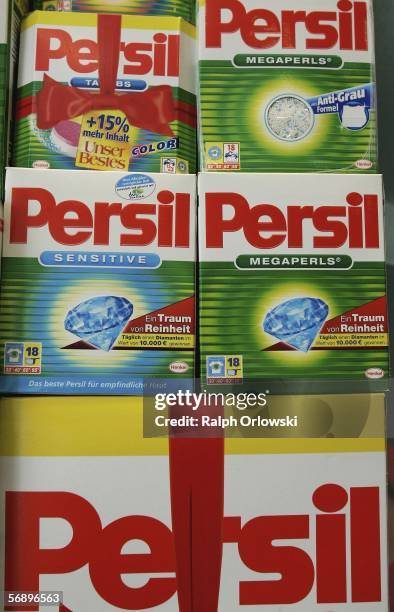 Packages of "Persil" washing powder, a brand of German toiletries, cosmetics and detergent maker Henkel, are displayed in a showcase on February 21,...