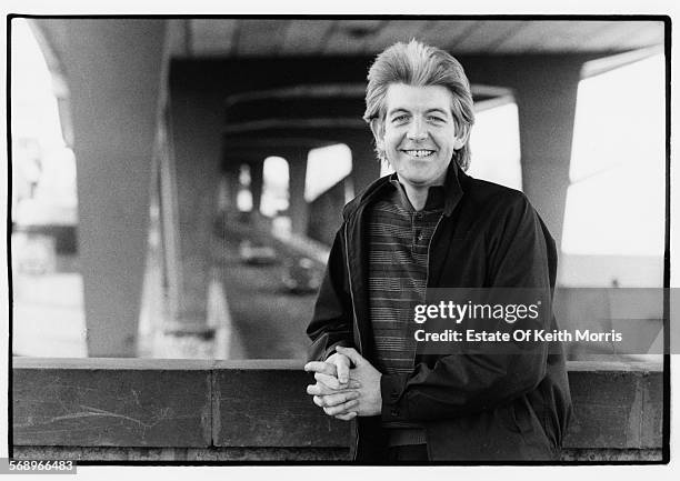 Outdoor portrait of musician Nick Lowe sitting on a bridge, circa 1990.