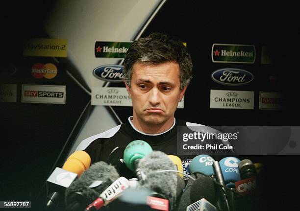 Jose Mourinho, Manager of Chelsea, attends a Press Conference for the UEFA Champions League match against Barcelona, at Stamford Bridge on February...