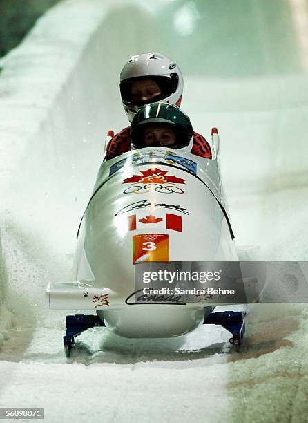 Pilot Helen Upperton and Heather Moyse of Canada 1 compete in the Two Woman Bobsleigh Final on Day 11 of the 2006 Turin Winter Olympic Games on...