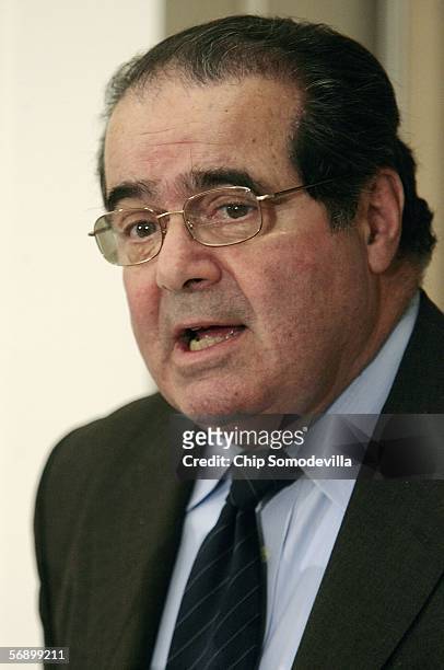 United States Supreme Court Associate Justice Antonin Scalia speaks at the American Enterprise Institute February 21, 2006 in Washington, DC. Justice...