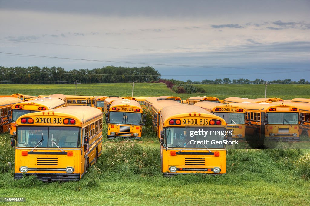A rural school bus depot in a field