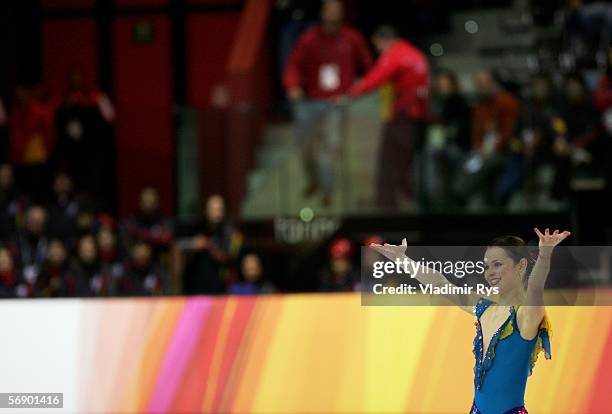 Sasha Cohen of the United States acknowledges the crowd after she performed during the women's Short Program of the figure skating during Day 11 of...