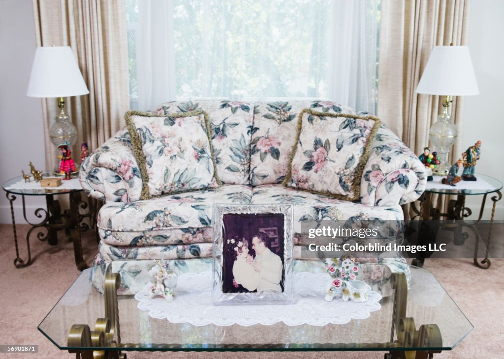 Living room interior with wedding photograph