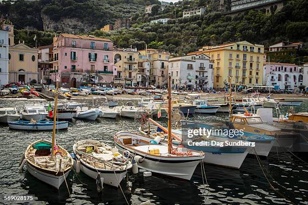 fishing boats in marina grande in sorrento, italy - sorrent stock-fotos und bilder