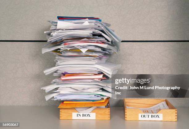 still life of paper stack in office - bak inkomende post stockfoto's en -beelden