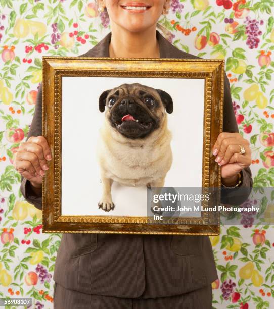 woman holding framed picture of dog - ugly asian woman stock pictures, royalty-free photos & images