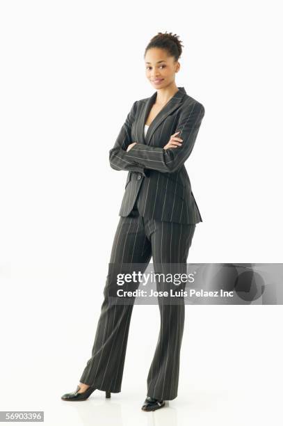 full body portrait of young businesswoman - man standing full body stock-fotos und bilder
