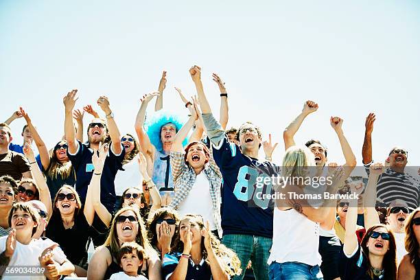 football fans in stadium cheering during game - football cheering stock pictures, royalty-free photos & images