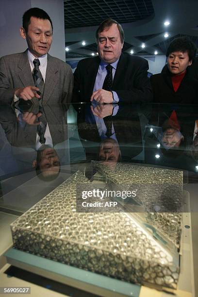 British Deputy Prime Minister John Prescott , assisted by Beijing chief city planner Zhu Jiaguang , views tthe Olympic Aquatic Centre in the Chinese...