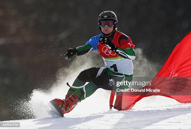 Rok Flander of Slovakia competes in the Mens Snowboard Parallel Giant Slalom Qualifying on Day 12 of the 2006 Turin Winter Olympic Games on February...