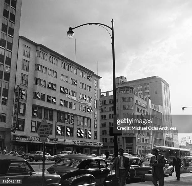 View of a busy street and buildings in downtown Mexico City, Mexico.