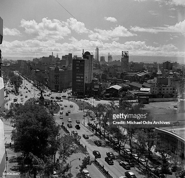 An aerial view of a busy street scene and downtown Mexico City, Mexico.