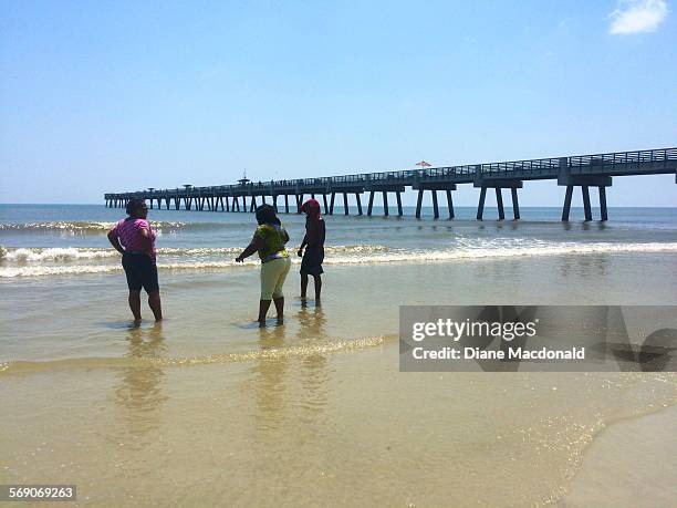 Two women and a man wading in the ocean at Jacksonville Beach, Florida, USA on July 22, 2015.